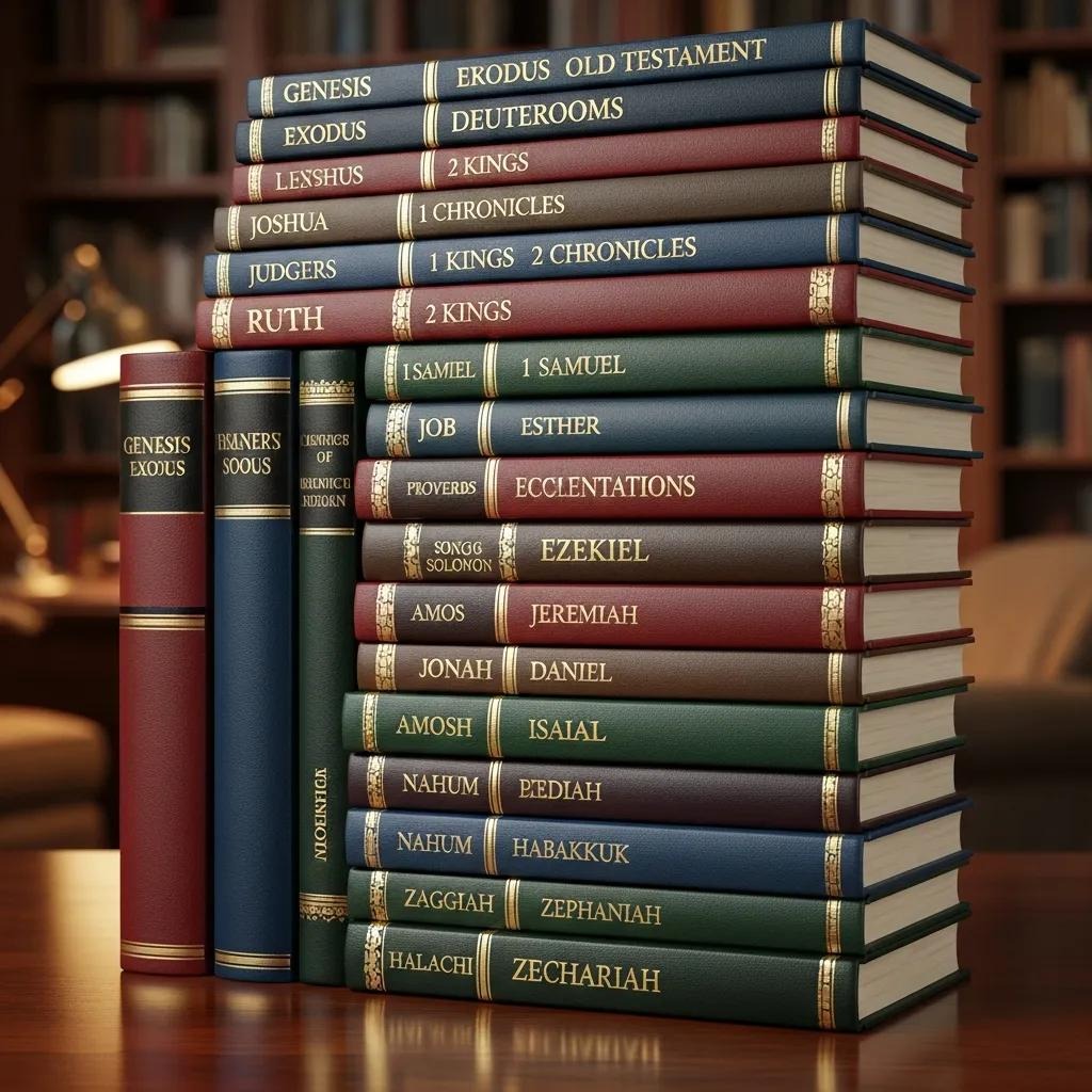 A stack of hardcover books with titles of various books from the Old Testament, arranged neatly on a library table with shelves of more books in the blurred background.