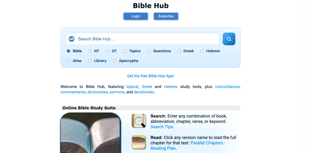 Screenshot of the Bible Hub website homepage, featuring a search bar with options to filter by Bible, NT, OT, topics, questions, Greek, Hebrew, atlas, library, and apocrypha. A section below highlights study tools.