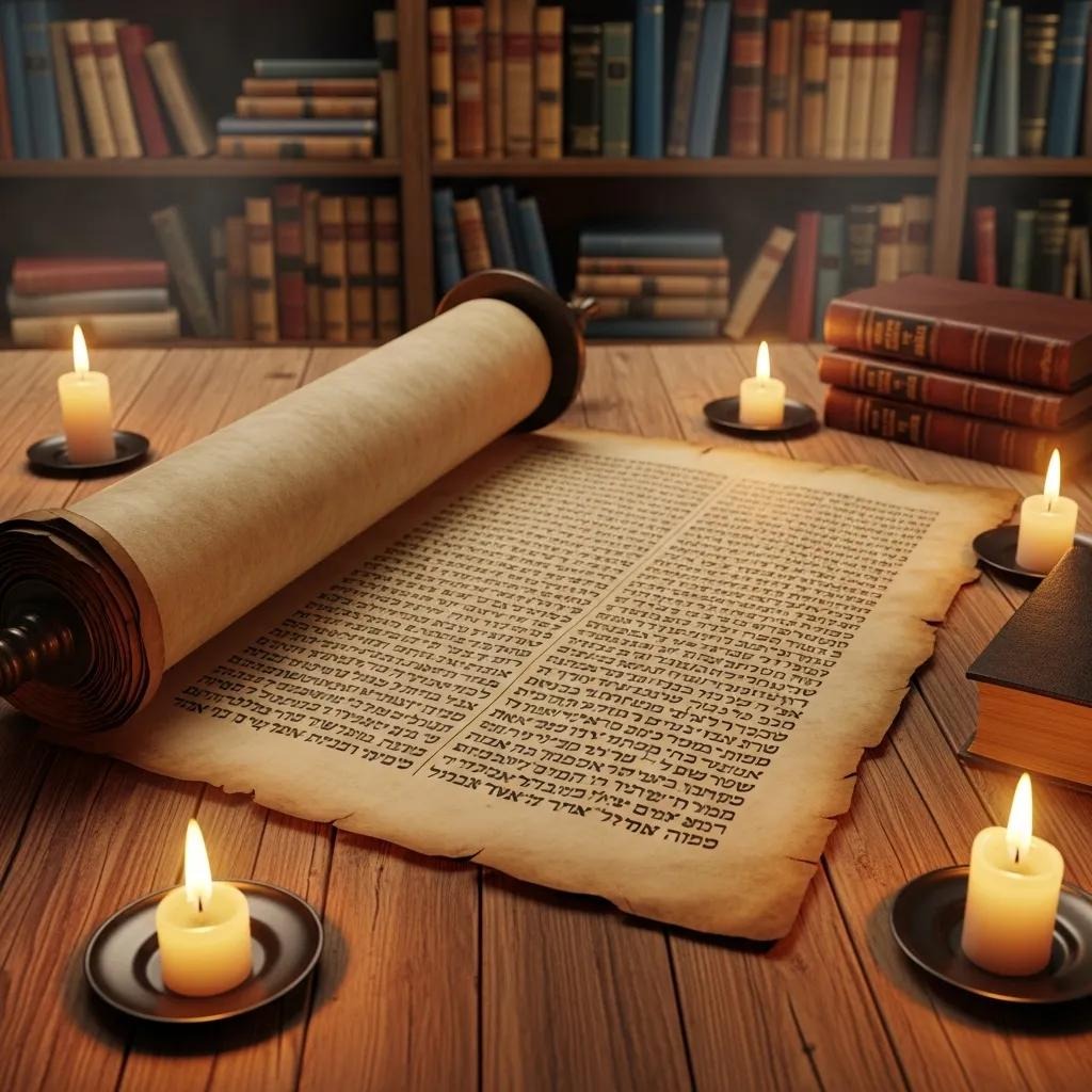 A Hebrew scroll unrolled on a wooden table surrounded by lit candles, with several closed books and shelves filled with books in the background, creating a warm, scholarly atmosphere.