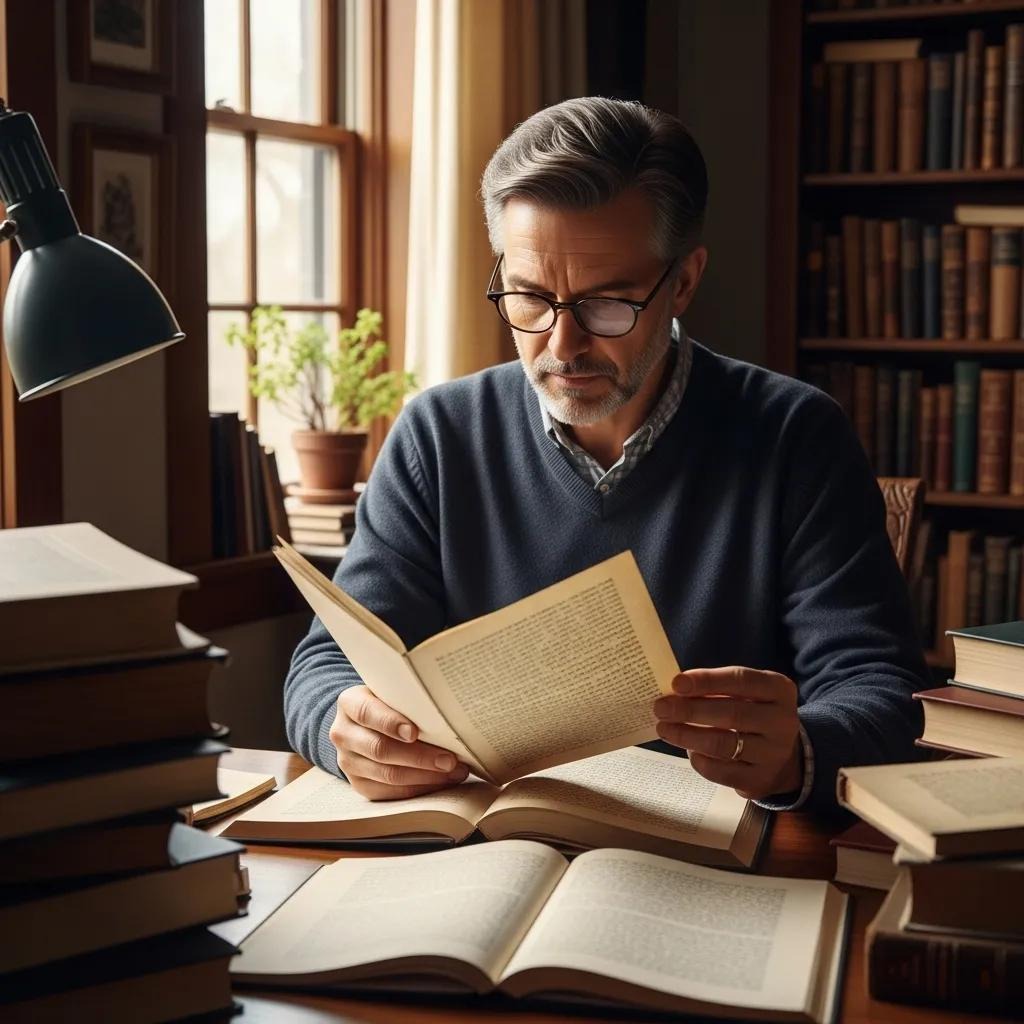 A middle-aged man with glasses reads a book at a wooden desk, surrounded by open and stacked books, in a warmly lit study with bookshelves and a window in the background.