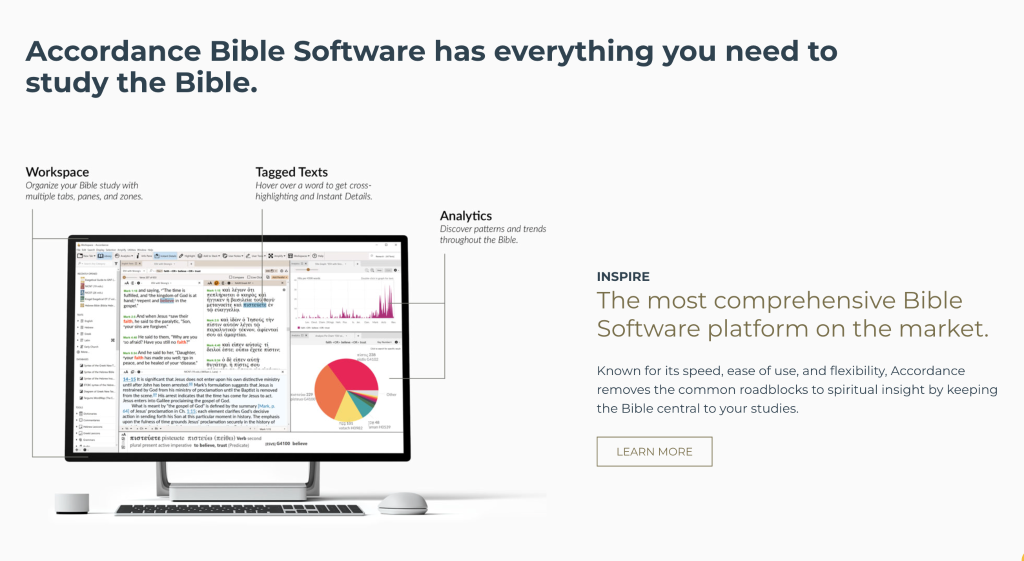 A computer screen displays Accordance Bible Software with features like workspace, tagged texts, and analytics. Text beside the screen highlights its comprehensive tools for Bible study and a Learn More button.