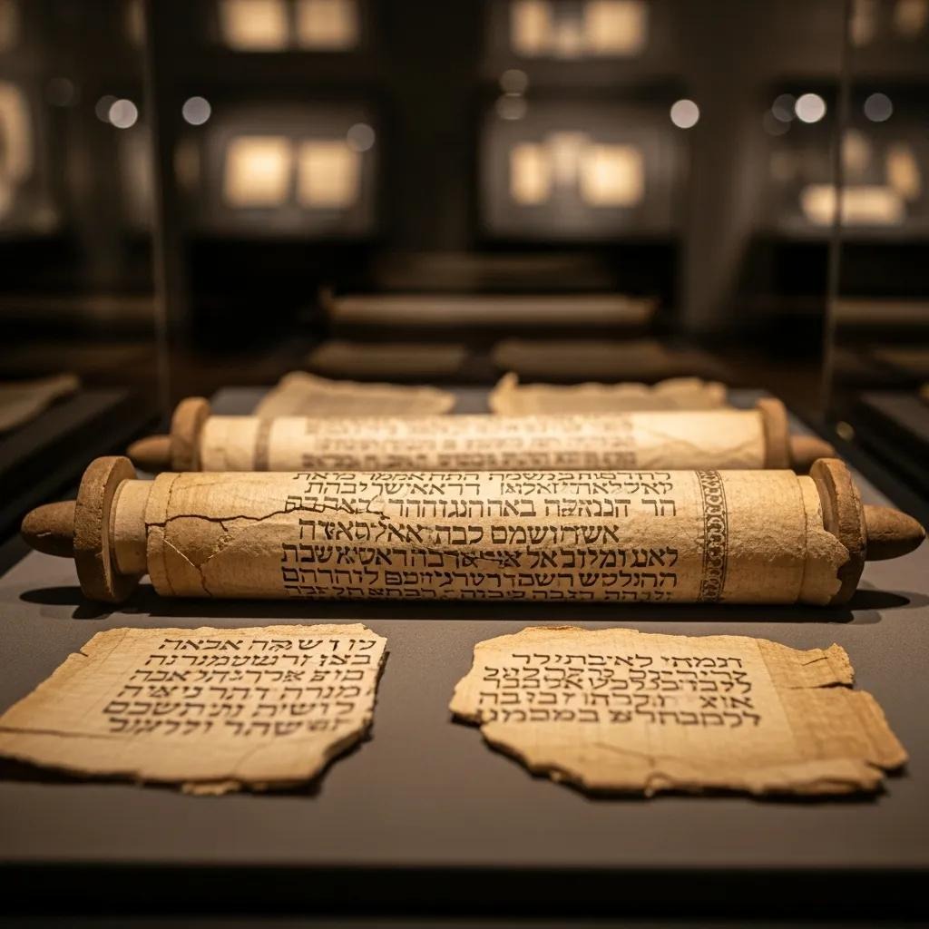 Ancient Hebrew scrolls and parchment fragments displayed in a glass case at a museum, with faded text visible on the aged, yellowed paper.