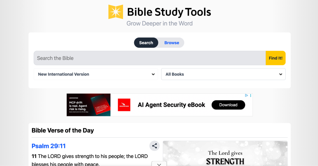 Screenshot of the Bible Study Tools website homepage, showing a search bar, drop-down menus for Bible versions and books, a Bible verse of the day, and an advertisement for an AI Agent Security eBook.