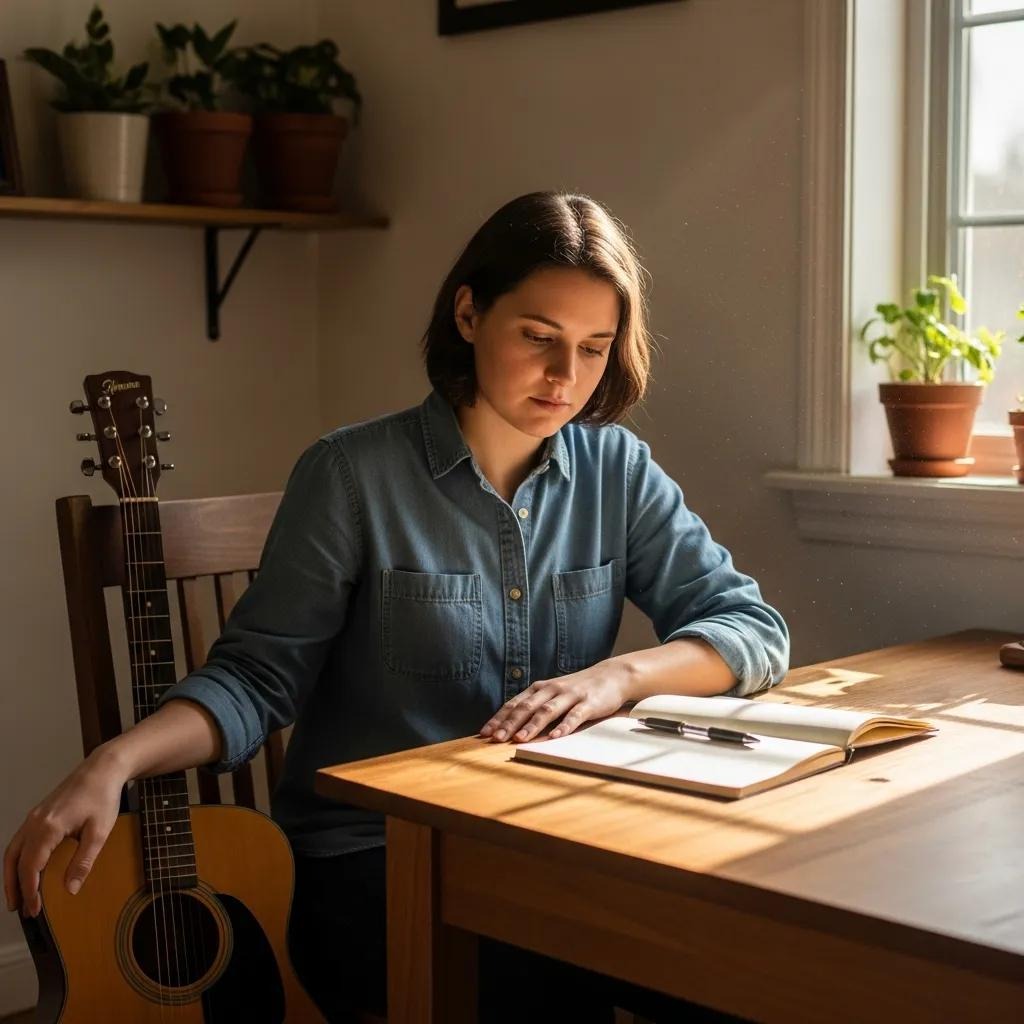 A woman sits at a wooden table by a window, reading or writing in a notebook. She wears a blue shirt and rests one hand on an acoustic guitar next to her. Sunlight streams in, and potted plants are on the shelf and windowsill.