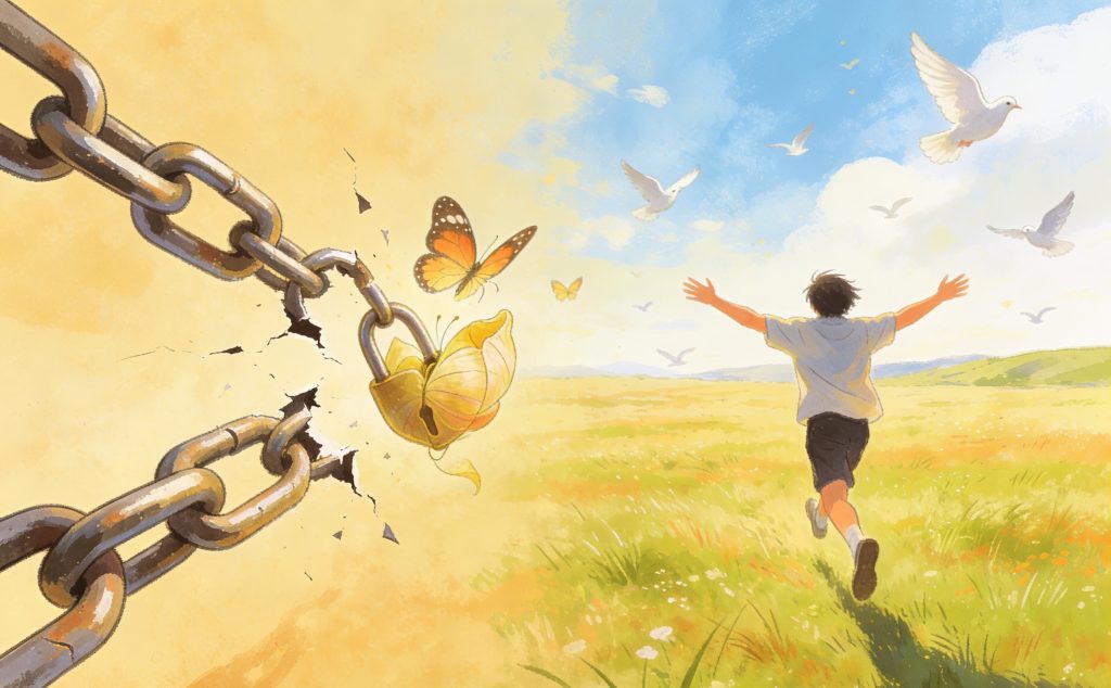 A chain breaks on the left, releasing butterflies. On the right, a boy runs joyfully through a sunny field with doves flying overhead, symbolizing freedom and hope.