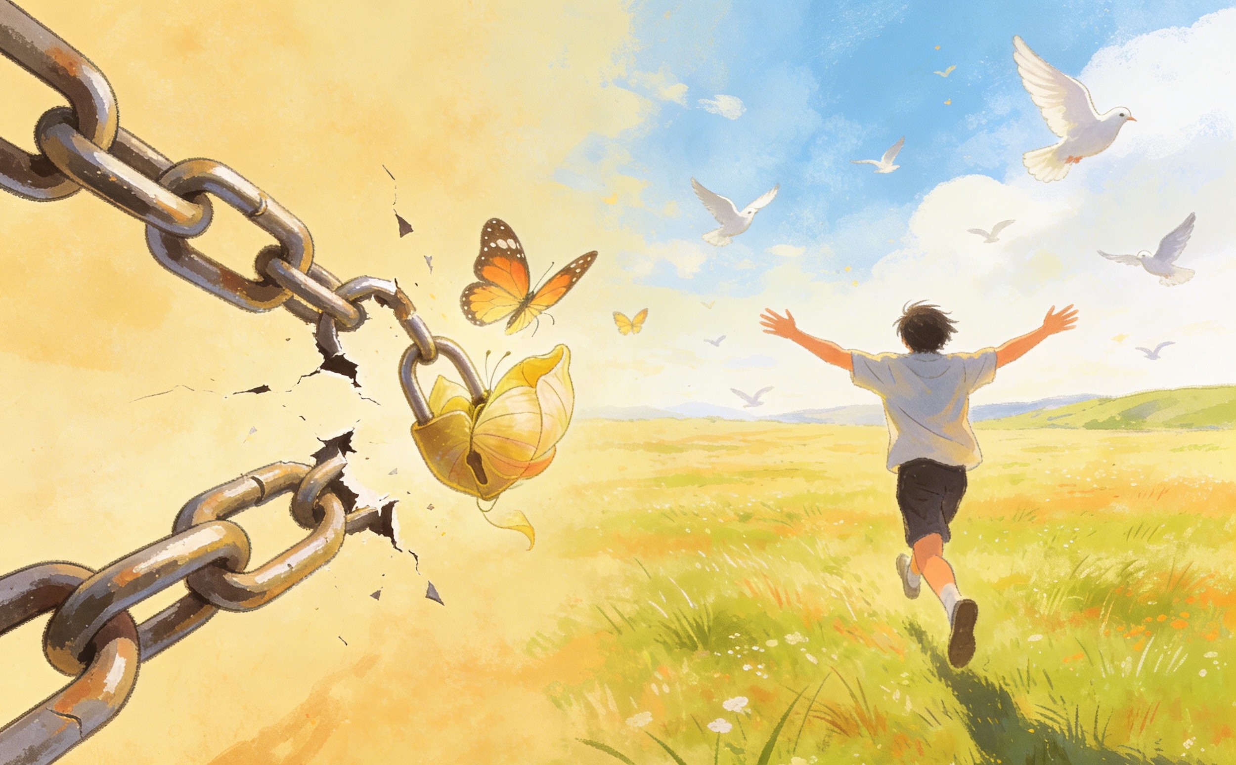 A chain breaks on the left, releasing butterflies. On the right, a boy runs joyfully through a sunny field with doves flying overhead, symbolizing freedom and hope.