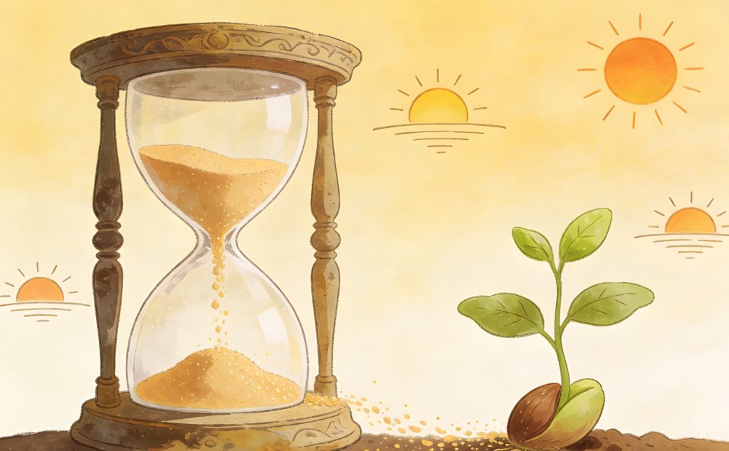 An hourglass with sand flowing down stands beside a growing green plant sprouting from a seed, with several suns in the background suggesting the passage of time and growth.