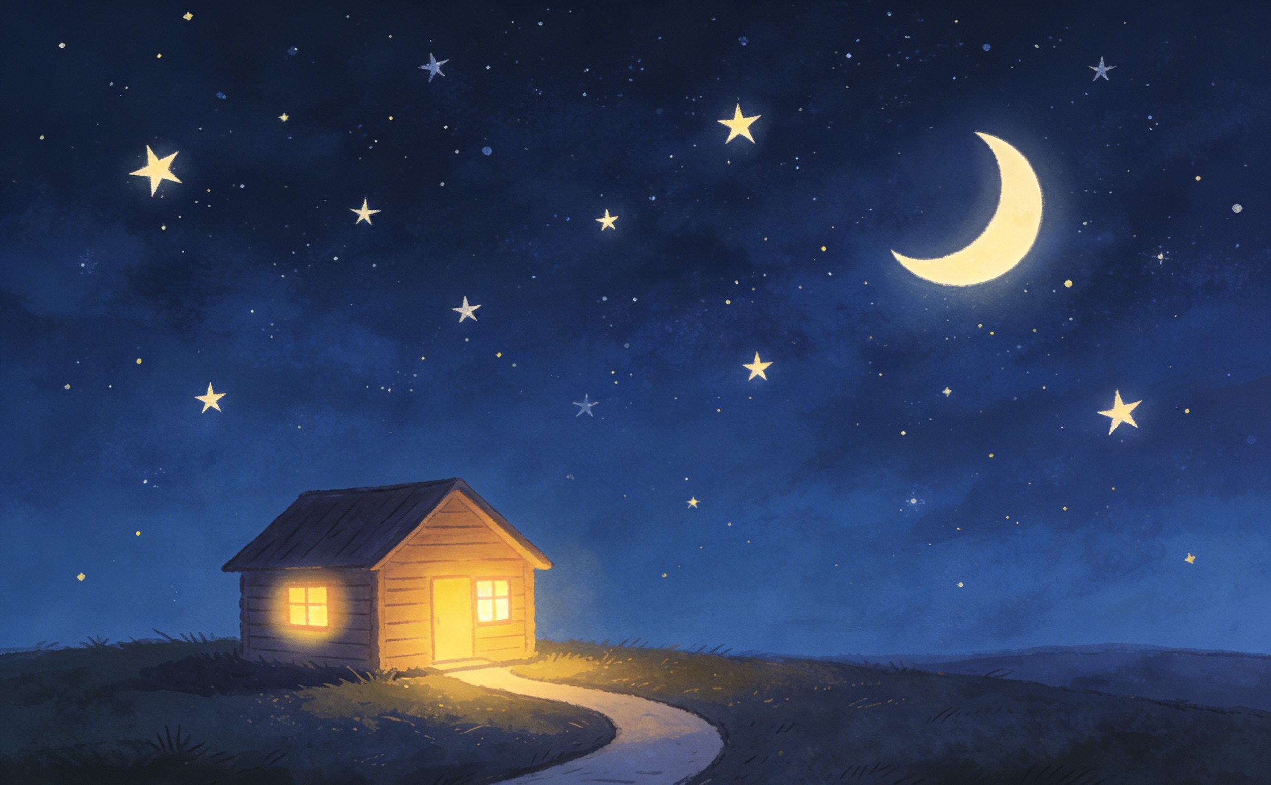 A small, cozy cabin glows with warm light under a starry night sky, featuring a crescent moon and scattered stars. A winding path leads to the cabin, surrounded by soft, rolling hills.