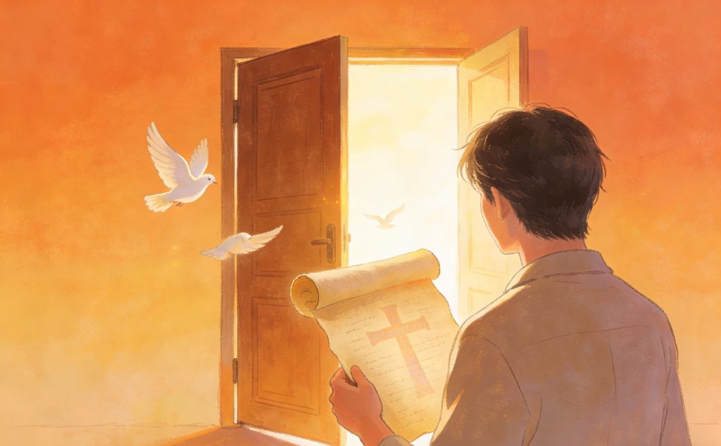 A person holds a scroll with a cross, facing an open door filled with bright light. White doves fly toward the light, symbolizing peace and hope, in a warm, golden-toned room.