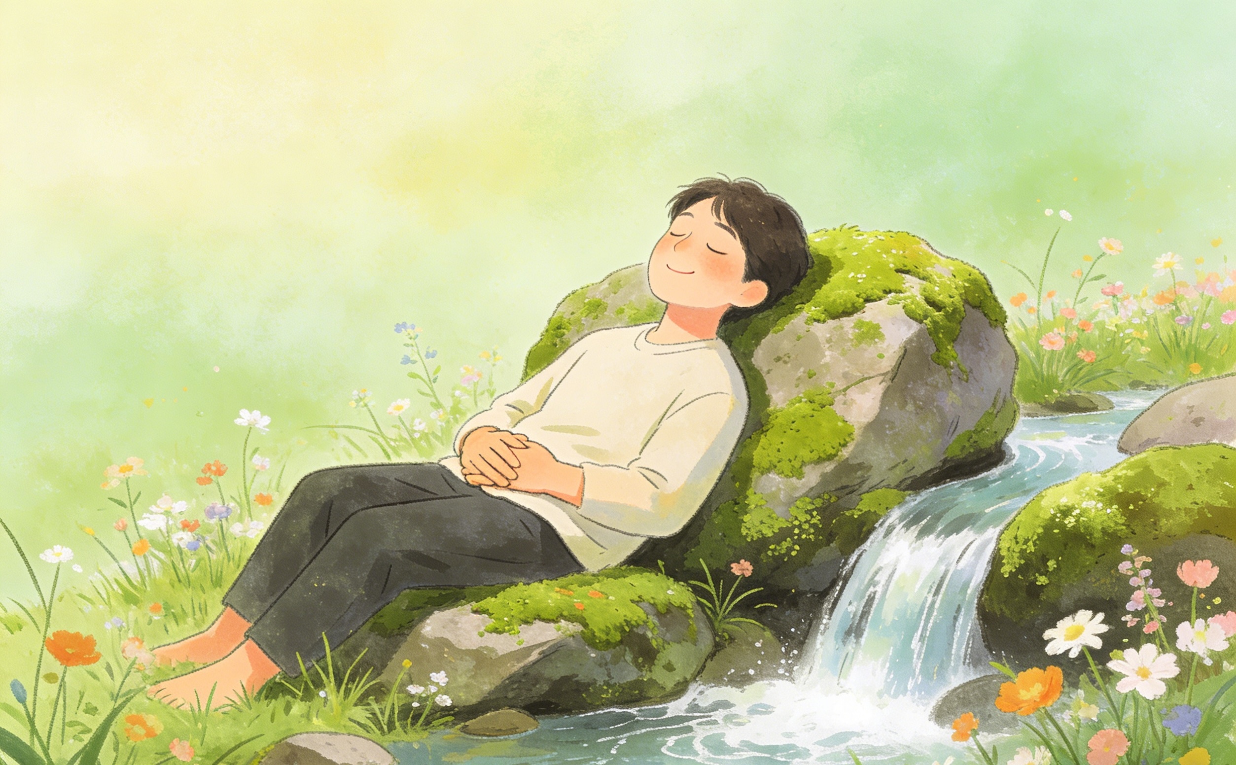 A person relaxes against mossy rocks beside a small waterfall in a sunny, flower-filled meadow, eyes closed and smiling peacefully, barefoot with hands resting on their stomach.