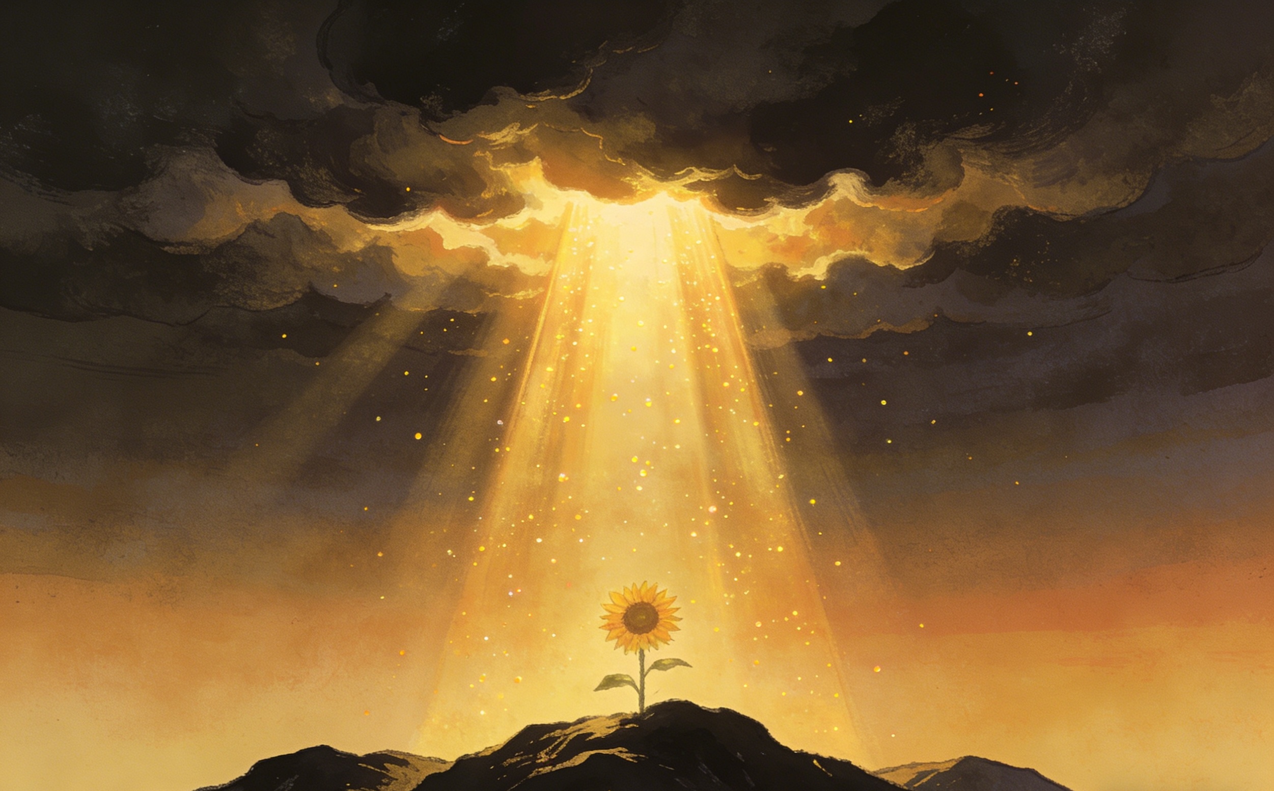 A single sunflower grows on a hilltop, illuminated by a dramatic golden beam of sunlight breaking through dark, swirling clouds, with glowing particles floating in the light.