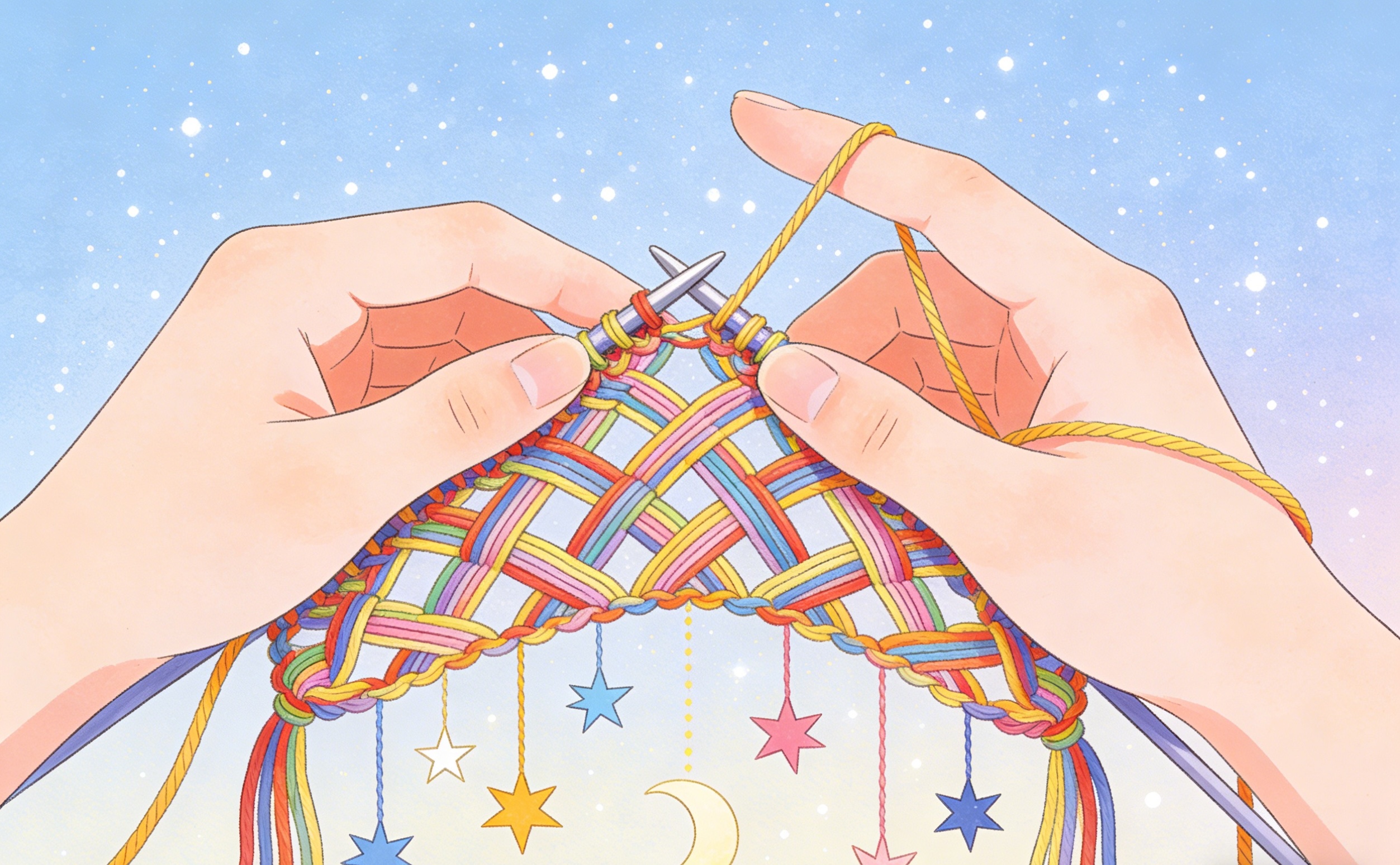 Two hands knit with colorful yarn, creating a patterned fabric decorated with hanging stars and a crescent moon against a soft, starry sky background.