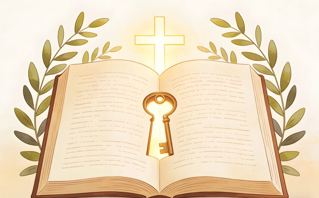 An open book with a golden key resting on its pages, a glowing cross above it, and leafy branches on each side, symbolizing spiritual knowledge and faith.