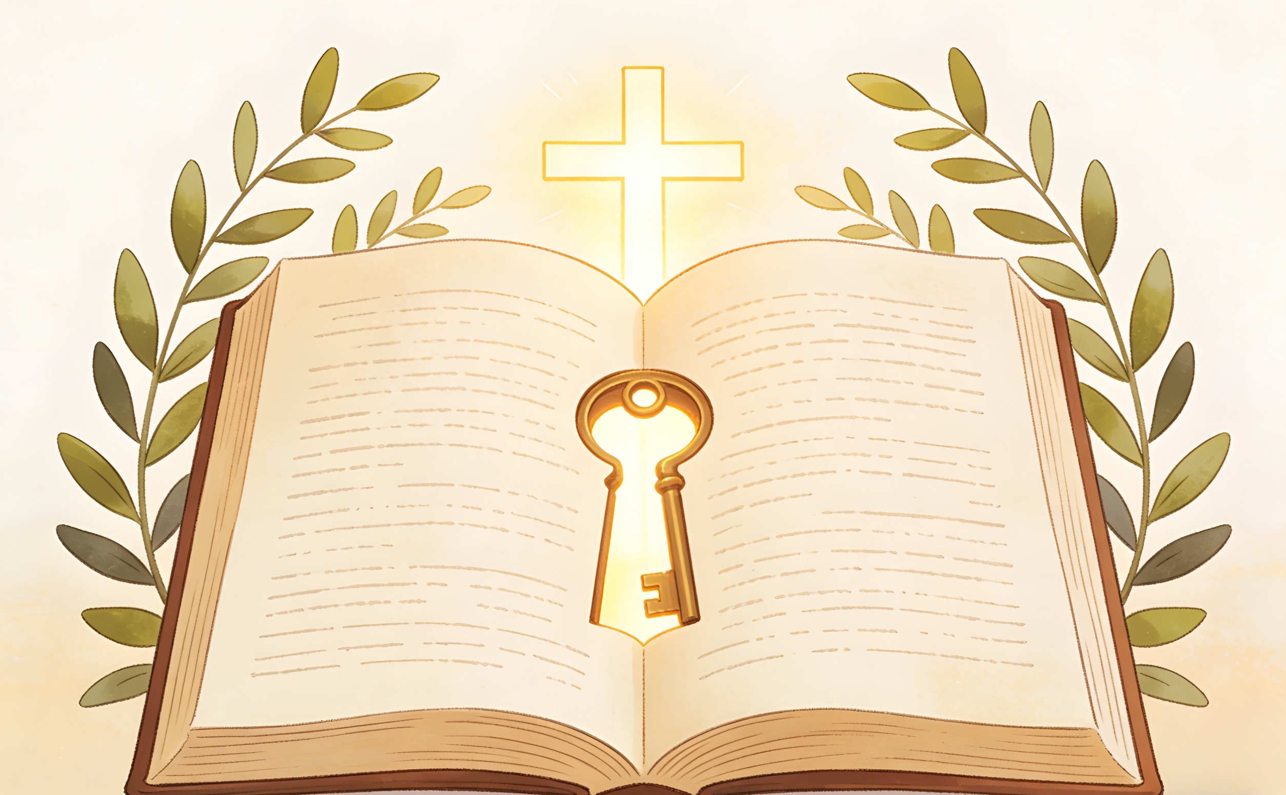 An open book with a golden key resting on its pages, a glowing cross above it, and leafy branches on each side, symbolizing spiritual knowledge and faith.
