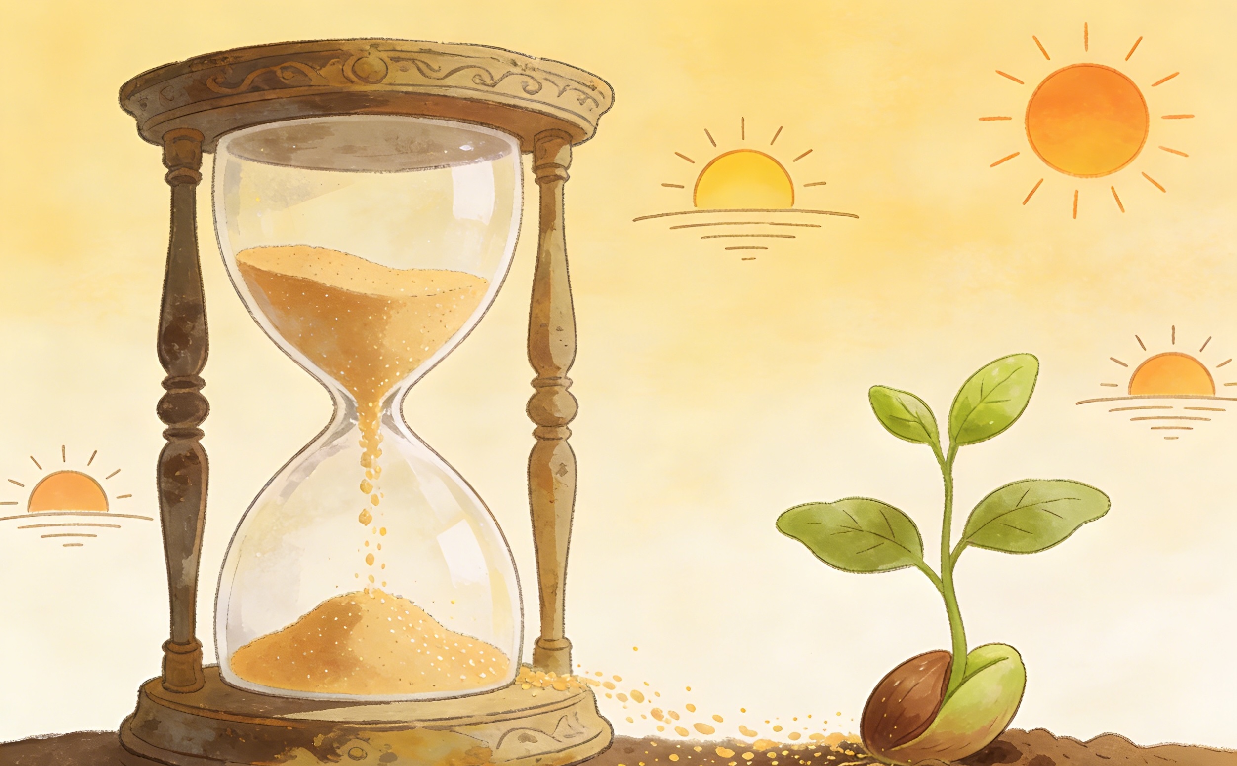 An hourglass with sand flowing down stands beside a growing green plant sprouting from a seed, with several suns in the background suggesting the passage of time and growth.