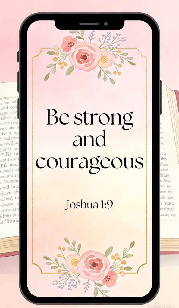 A smartphone displays a floral design with the text Be strong and courageous, Joshua 1:9. An open book is in the background on a soft pink surface.