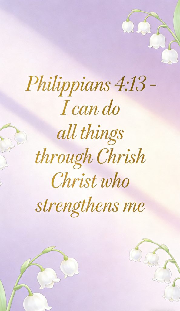 A pastel purple and cream background with white lily of the valley flowers. Gold text in the center reads: Philippians 4:13 - I can do all things through Christ who strengthens me.