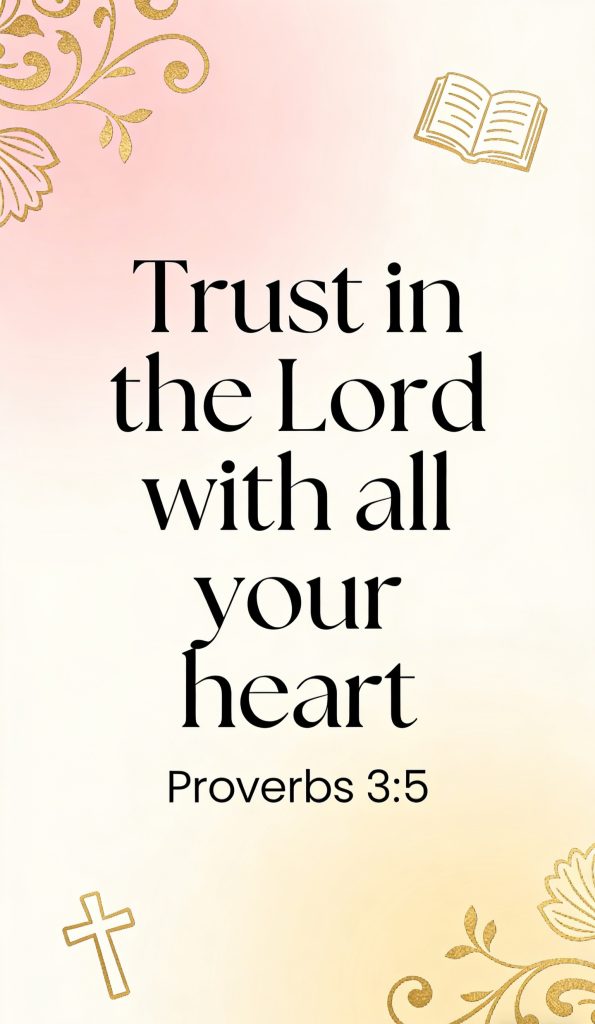 Inspirational religious quote, Trust in the Lord with all your heart. Proverbs 3:5, on a soft pink and cream background with gold decorative elements, a cross, a Bible, and floral patterns.