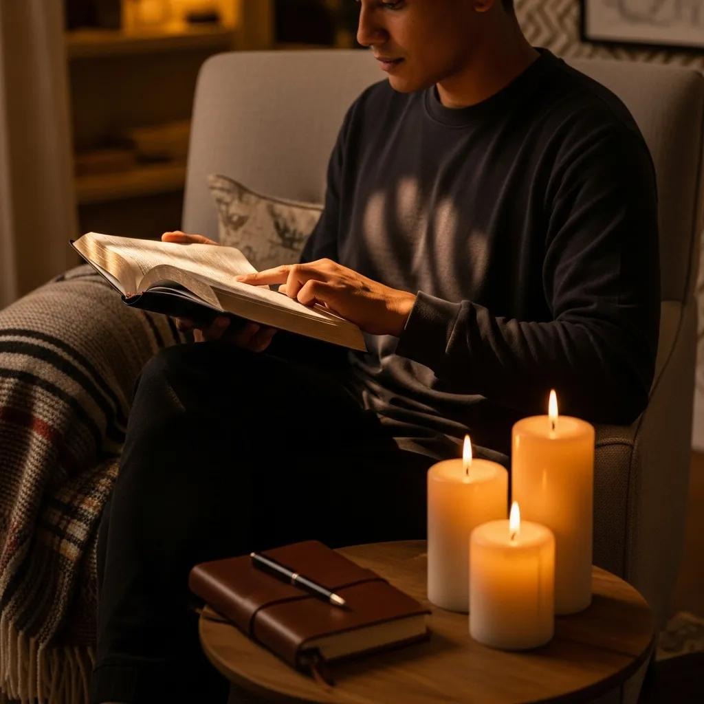 A person sits in a cozy armchair reading a book by candlelight. Three lit candles and a closed journal with a pen rest on a small round table beside them. The scene feels warm and peaceful.