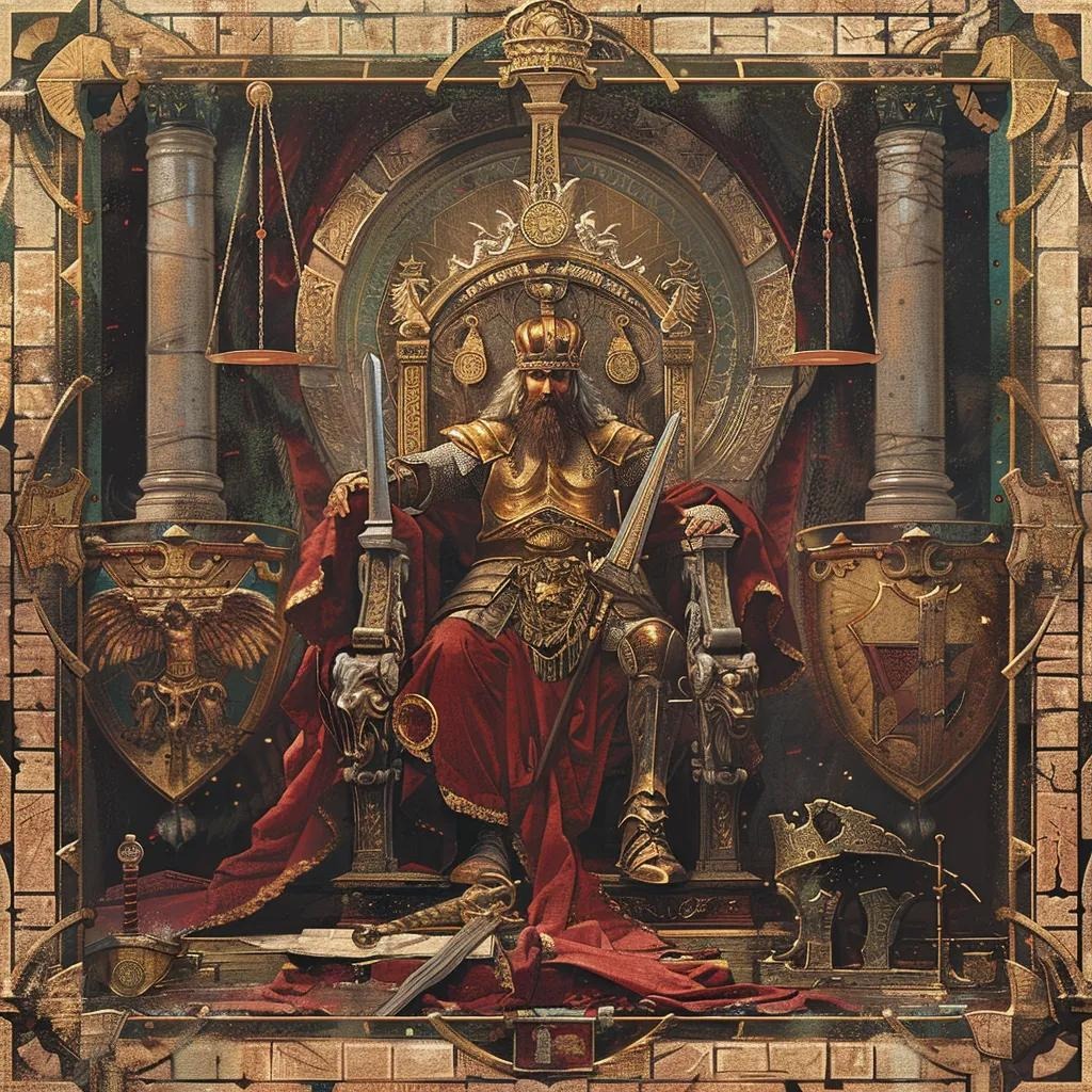 A bearded king in golden armor sits on a grand throne with swords and shields, flanked by stone pillars and justice scales. Red drapery flows around him in an ornate, medieval setting.