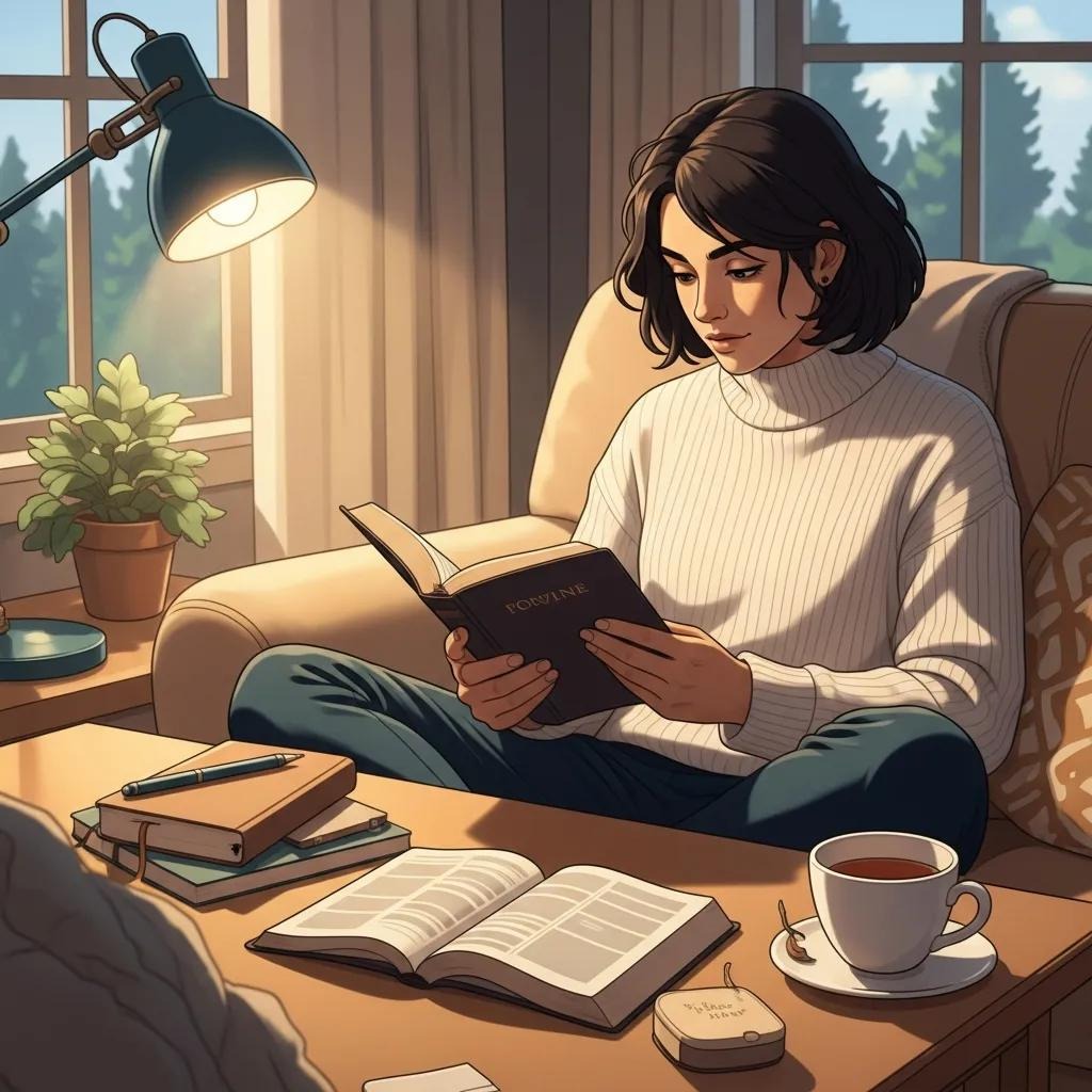 A young woman in a white sweater sits cross-legged on a cozy armchair, reading a book. A cup of tea, open books, and a plant are on the table beside her. Warm sunlight streams through a window in the background.