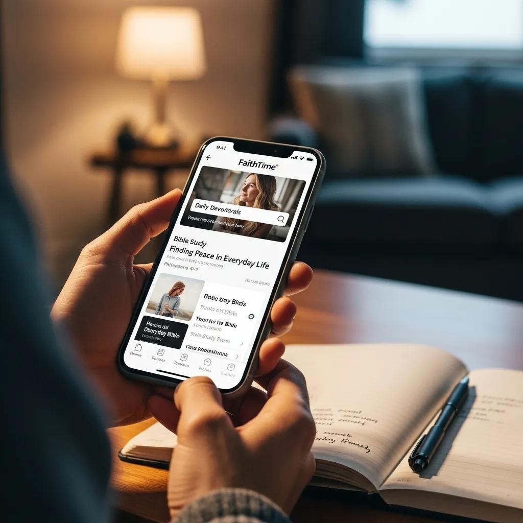 A person holds a smartphone displaying a faith-based app with Bible study options, sitting at a table with an open notebook and pen in a cozy, softly lit room.