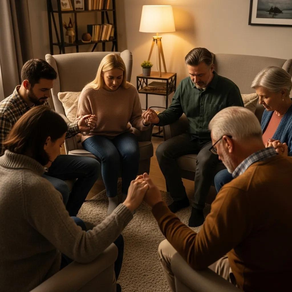 Six people sitting in a circle in a cozy living room, holding hands and bowing their heads in prayer. Warm lighting and bookshelves create a peaceful, intimate atmosphere.