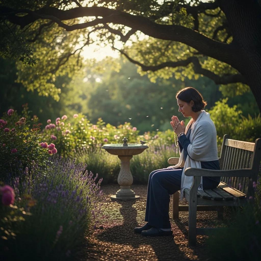 A woman sits on a wooden bench in a lush garden, holding prayer beads and praying. Sunlight filters through the trees, illuminating flowers and a stone fountain in the peaceful setting.