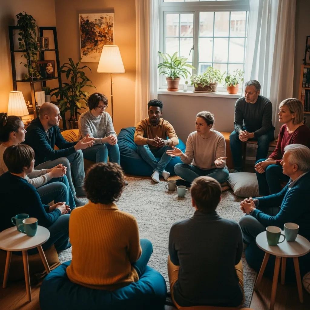 A group of people sit in a circle on cushions in a cozy living room, engaged in conversation. Warm lighting, houseplants, and mugs create a relaxed, supportive atmosphere.