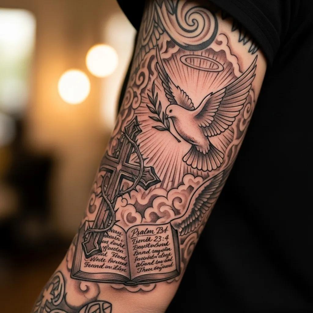 A forearm tattoo featuring a cross, a flying dove with a halo, rays of light, and an open Bible displaying Psalm 23:4, all in detailed black and gray ink.