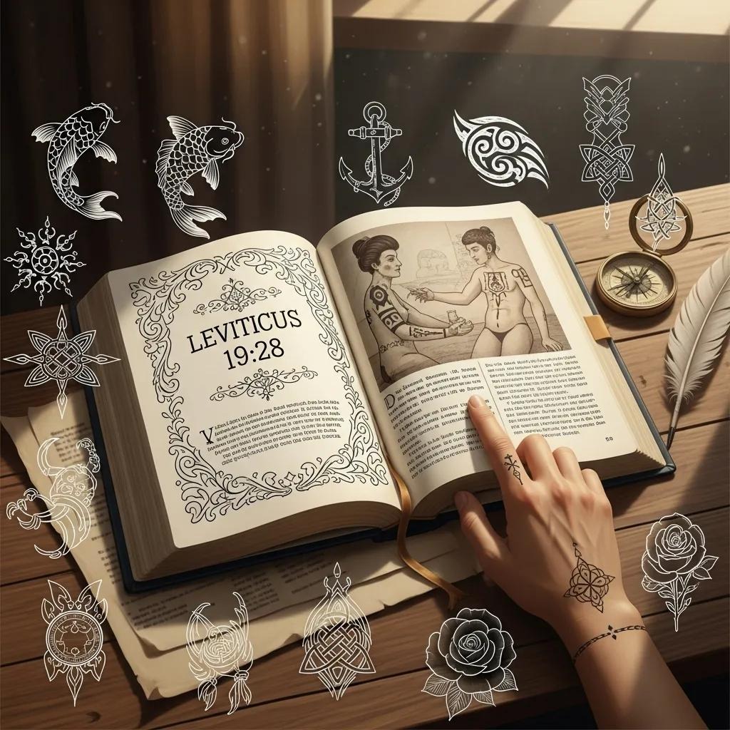 An open book displays Leviticus 19:28 on one page and an illustration of tattoos on another. A hand with tattoos points to the illustration. Surrounding the book are tattoo designs, a compass, a feather, and sunlight streaming in.