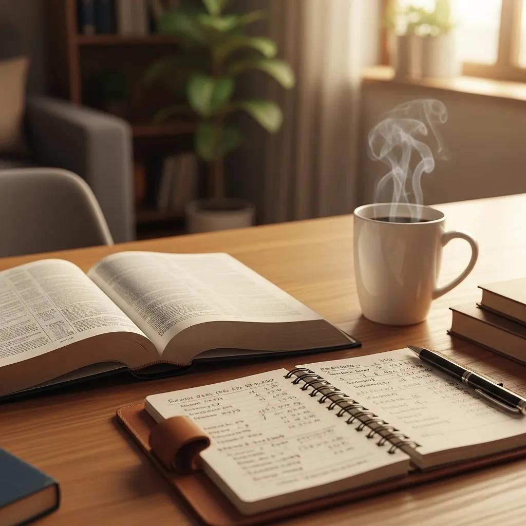 A wooden desk with an open book, a notebook with handwritten notes, a pen, a stack of books, and a steaming cup of coffee. Sunlight enters through a window, and a potted plant is in the background.