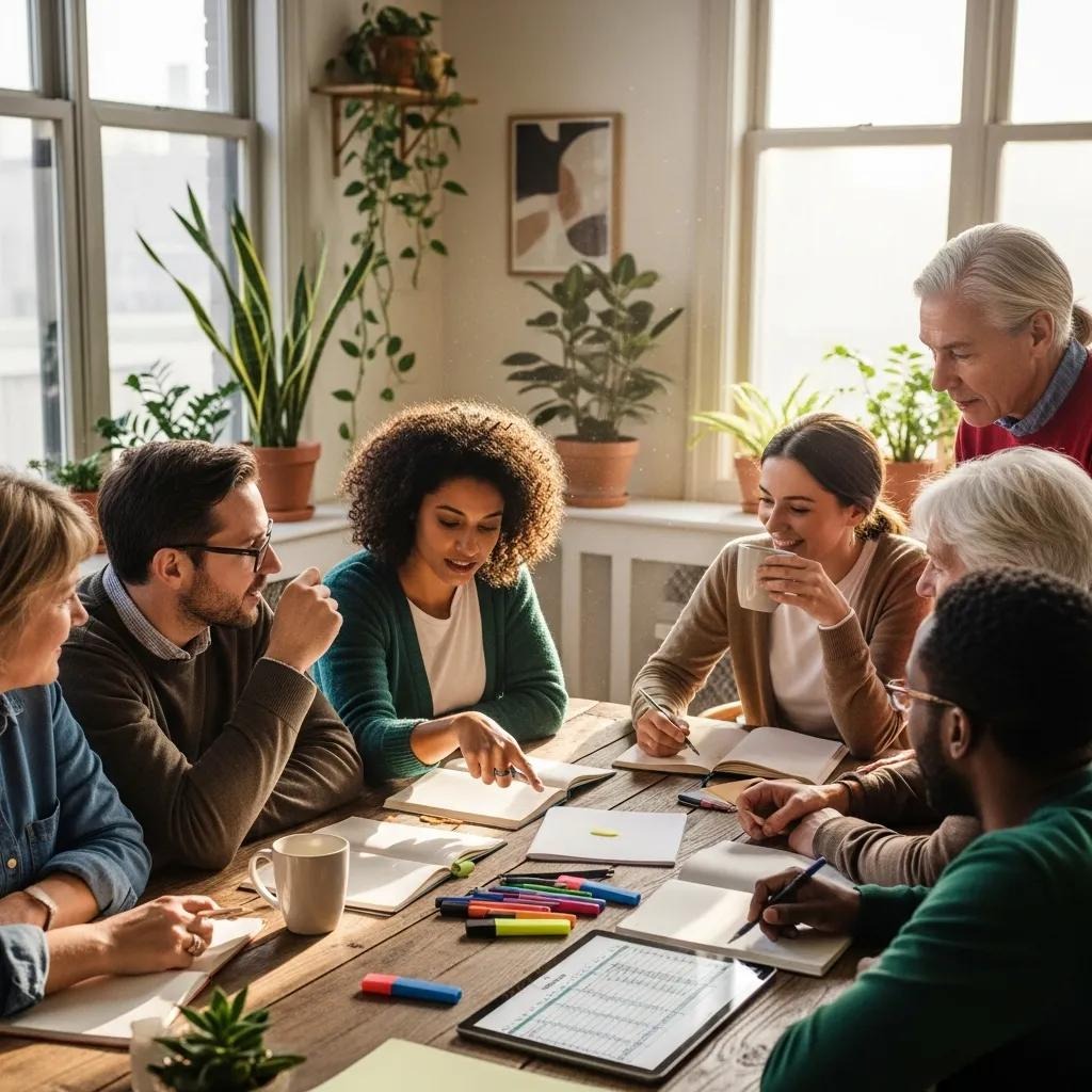 A diverse group of people sit around a wooden table in a bright room with large windows and plants, collaborating on paperwork and charts, with markers and coffee mugs on the table.