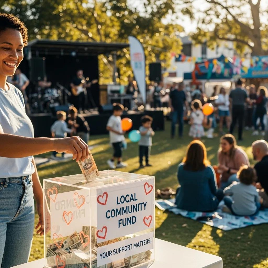 A woman donates cash into a clear box labeled Local Community Fund at an outdoor event, while people and children gather on the grass in the background. A live band plays on a stage.