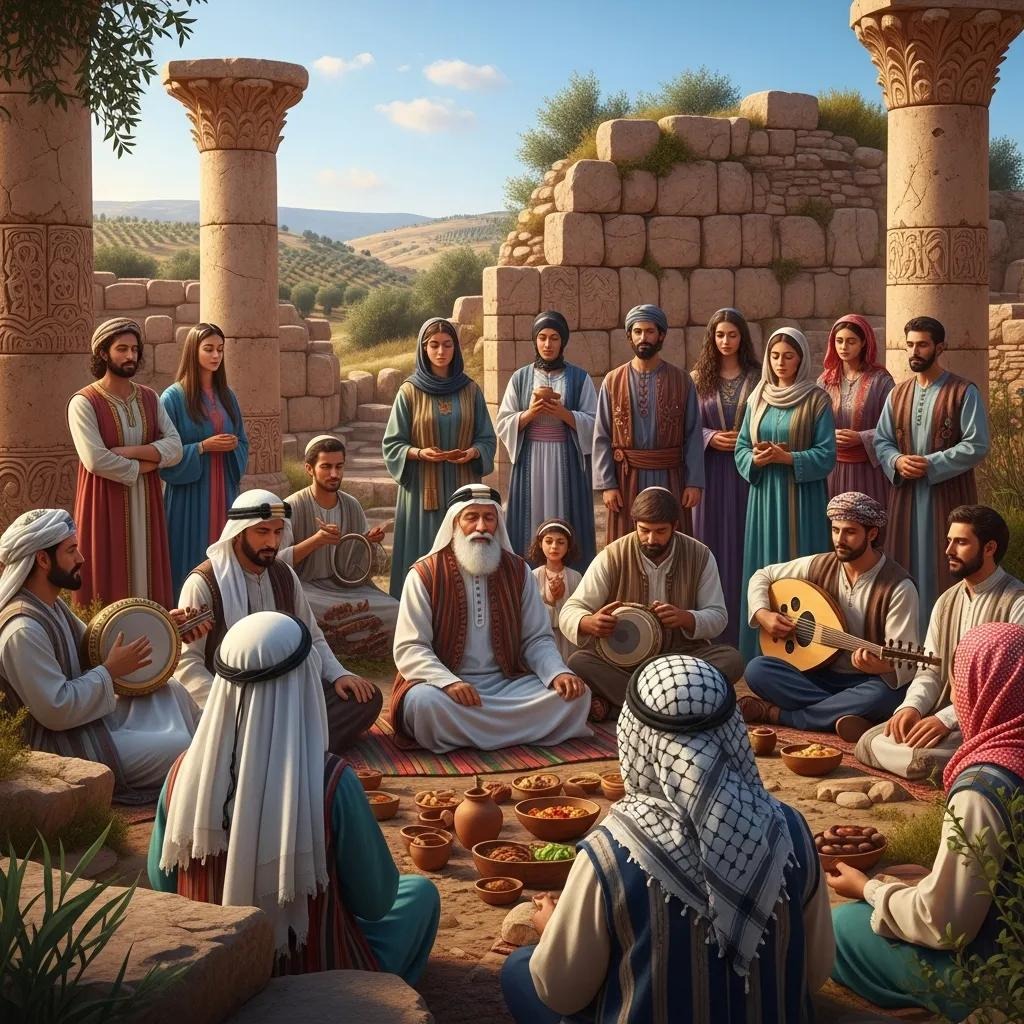 A group of people in traditional Middle Eastern attire sit together, sharing a meal among ancient stone ruins and columns. Musicians play instruments, and the setting is outdoors with rolling hills in the background.