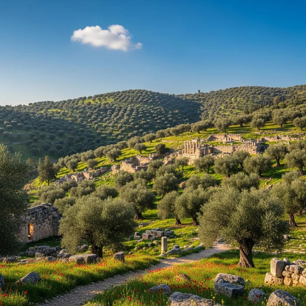 Ancient stone ruins nestled among olive trees and green hills under a blue sky with a single white cloud, bathed in warm sunlight. Paths and wildflowers are visible in the foreground.