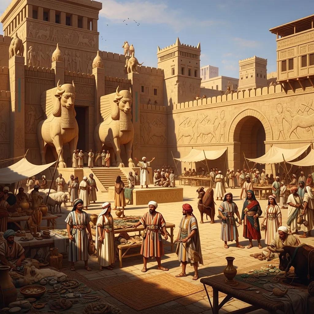 Lively ancient marketplace scene with people in traditional attire trading goods near grand sandstone buildings, large lamassu statues, and intricate wall carvings depicting historic stories.