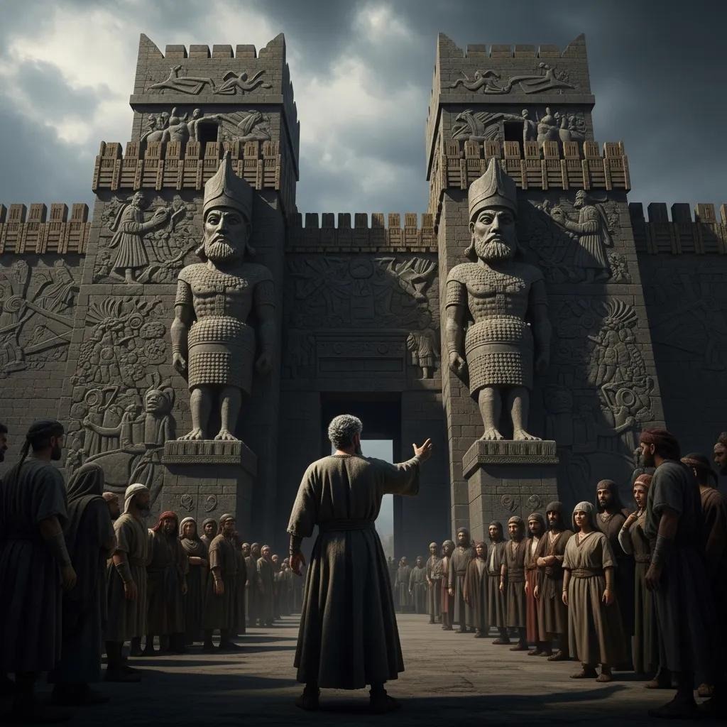 A large crowd gathers before an ancient stone gate adorned with two massive winged humanoid statues and intricate carvings, as a robed figure addresses them under a dramatic, cloudy sky.