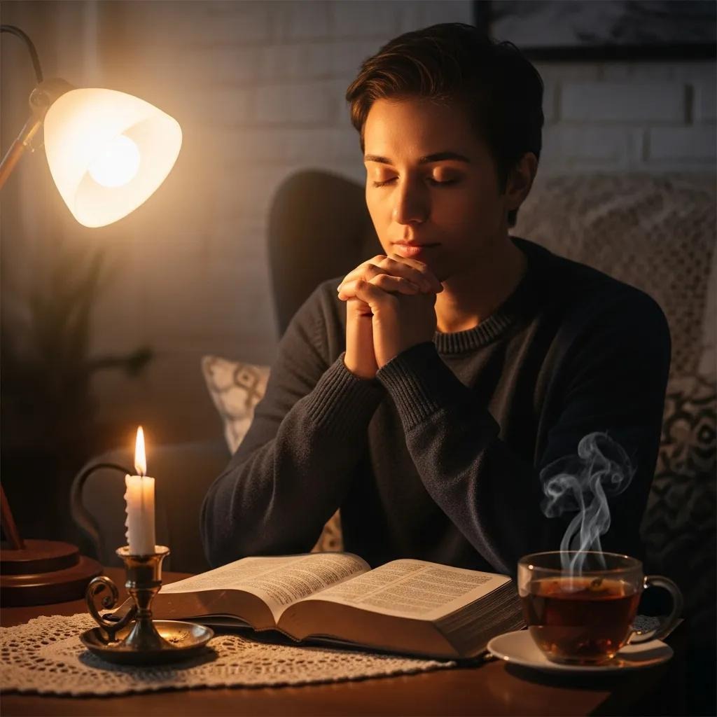 A person sits at a table with closed eyes and hands clasped in prayer over an open book, next to a burning candle and a steaming cup of tea, in a warmly lit, cozy room.