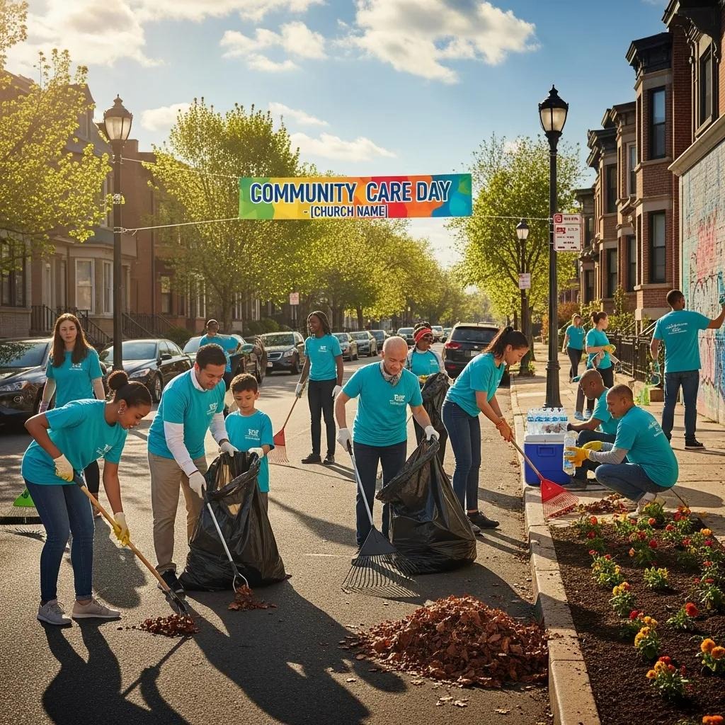 Volunteers in blue shirts clean a city street, picking up leaves and trash near a flower bed for a Community Care Day event, as indicated by a banner overhead. The scene is lively and takes place on a sunny day.