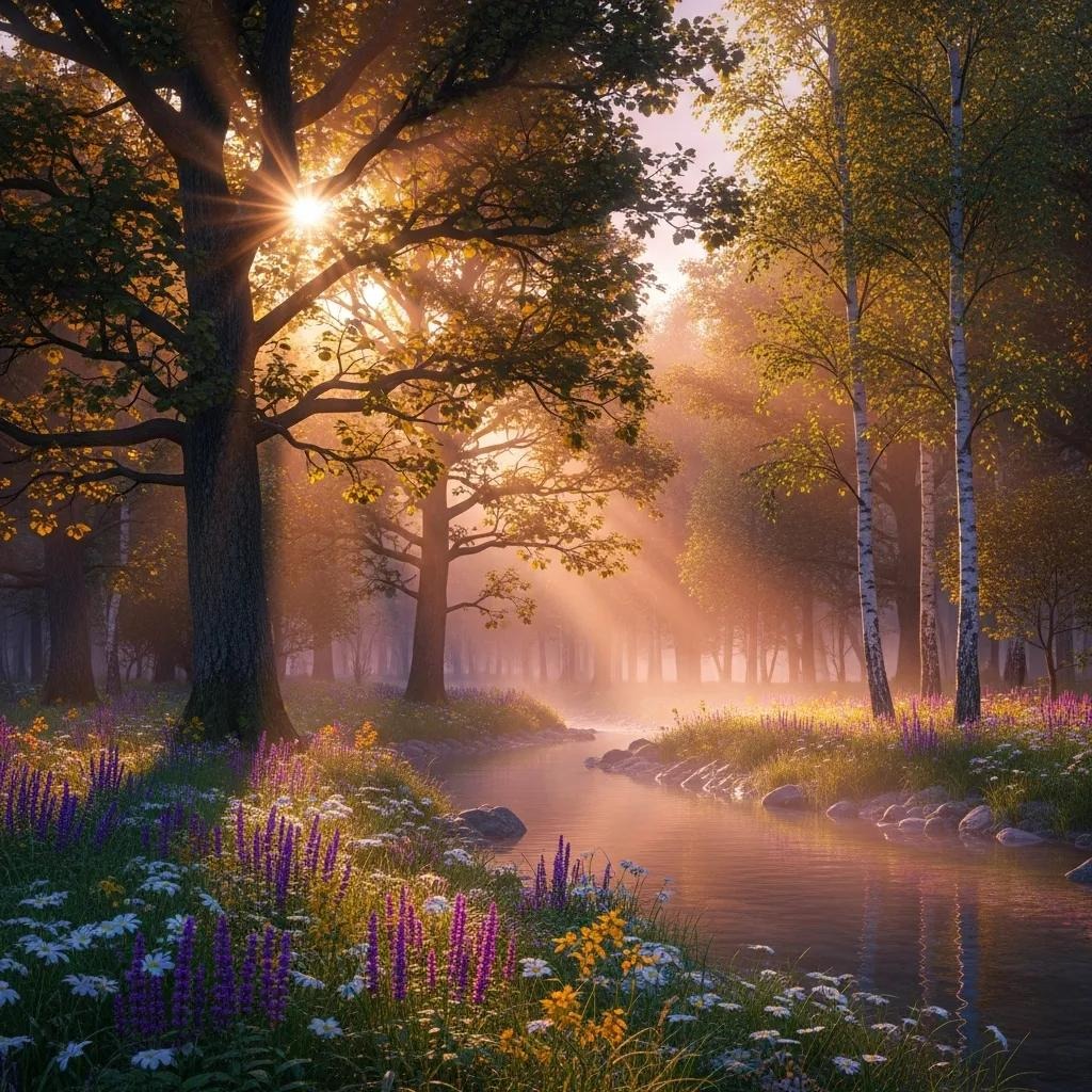Sunlight streams through tall trees onto a tranquil forest creek bordered by wildflowers and rocks, creating a serene, misty morning scene with warm, golden light and lush greenery.