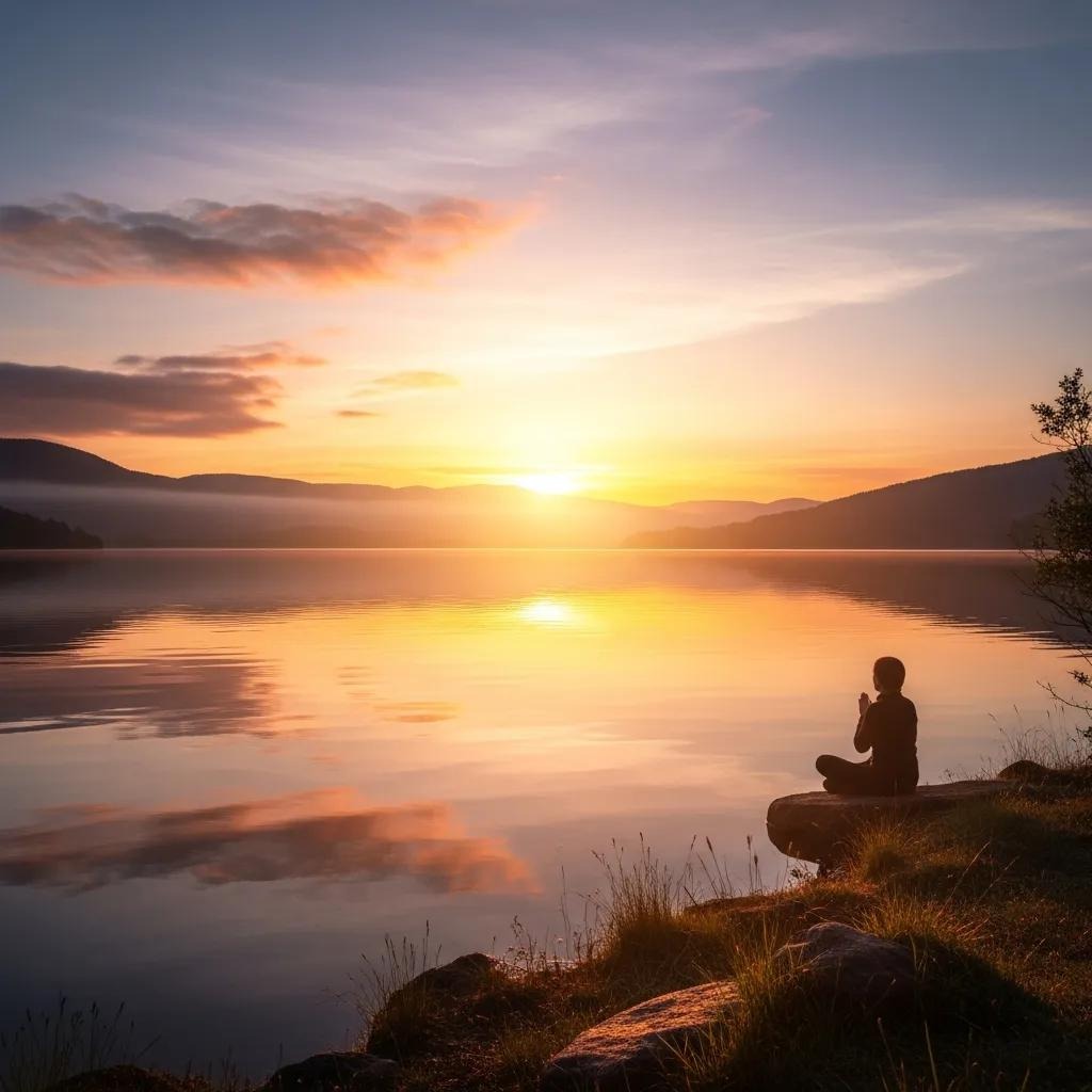 A person sits quietly on a rock by a calm lake, watching the colorful sunset over distant hills, with the sky and water glowing in warm orange and yellow hues.
