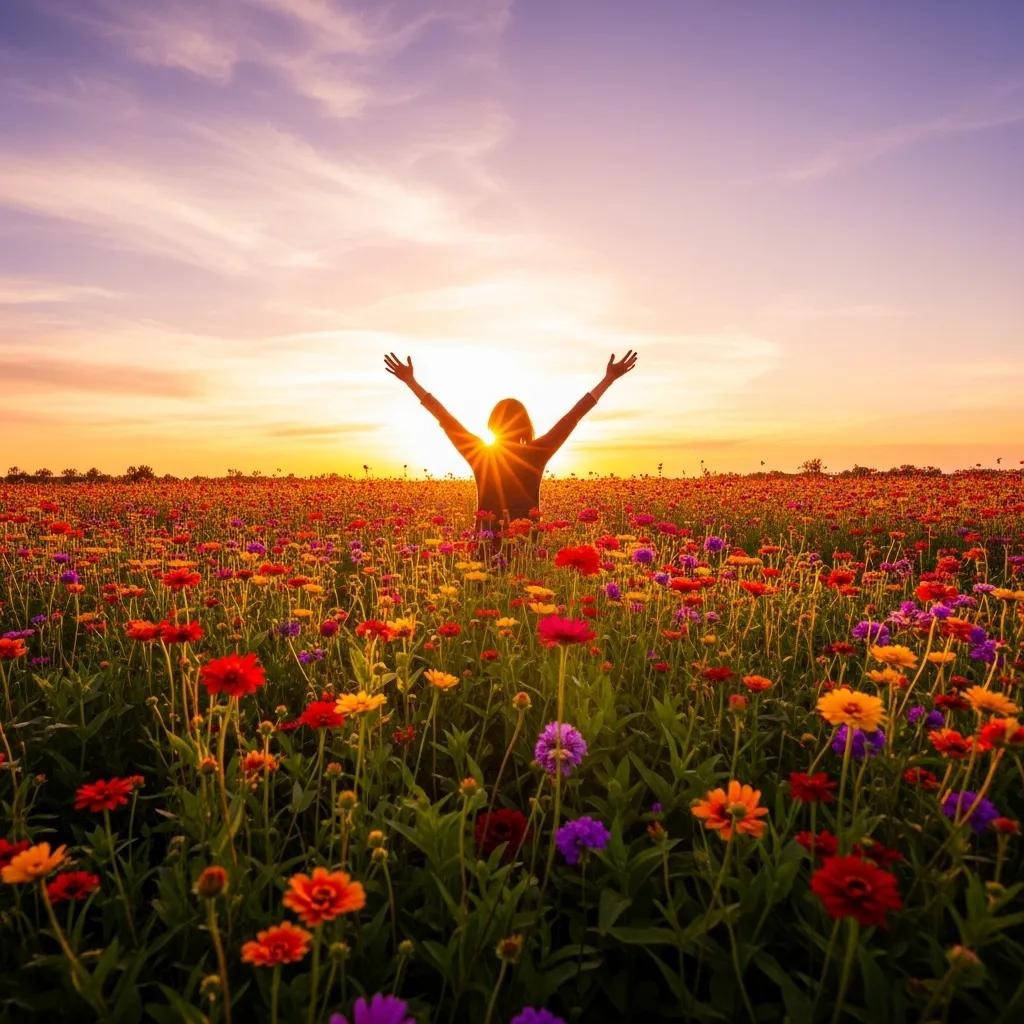 A person stands in a colorful wildflower field with arms raised toward a vibrant sunset, basking in the warm light under a partly cloudy sky.