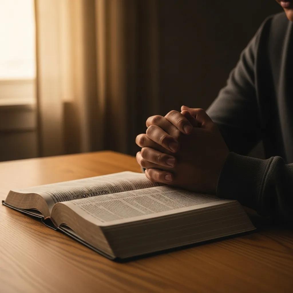 A person sits at a wooden table with their hands clasped in prayer over an open Bible, with soft sunlight streaming through a window in the background.
