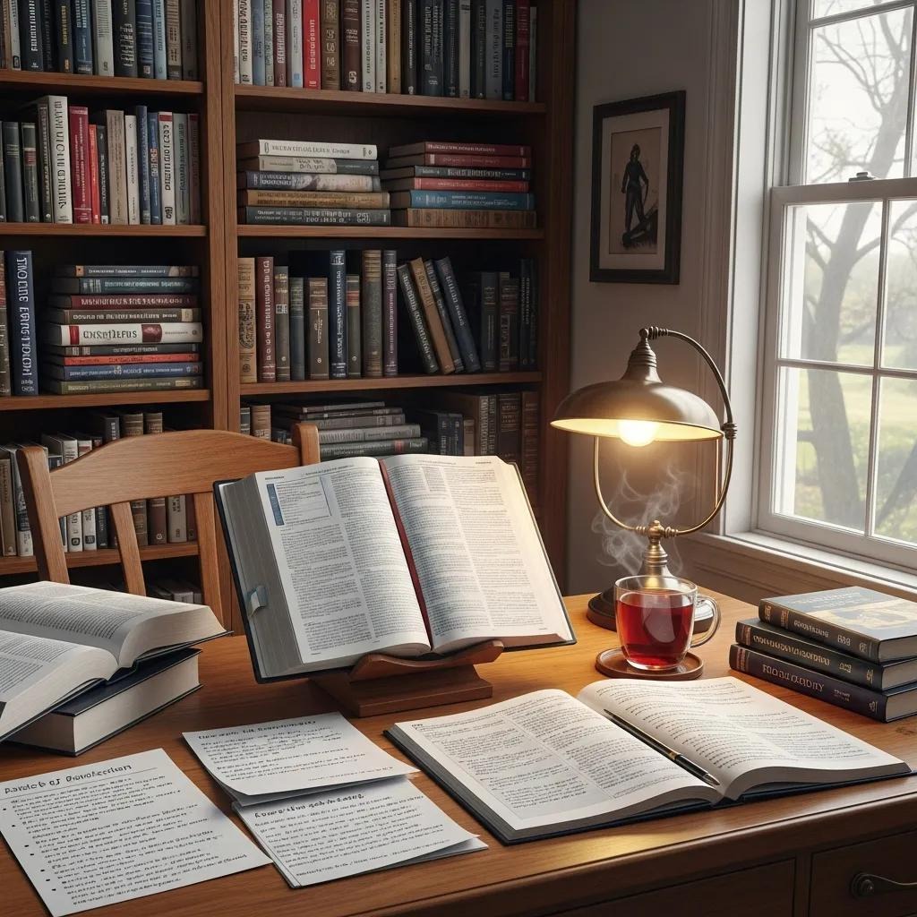 A cozy study room with bookshelves, an open book on a stand, papers, and more books on a wooden desk. A lit lamp and a steaming cup of tea sit beside the books, with daylight streaming through a nearby window.