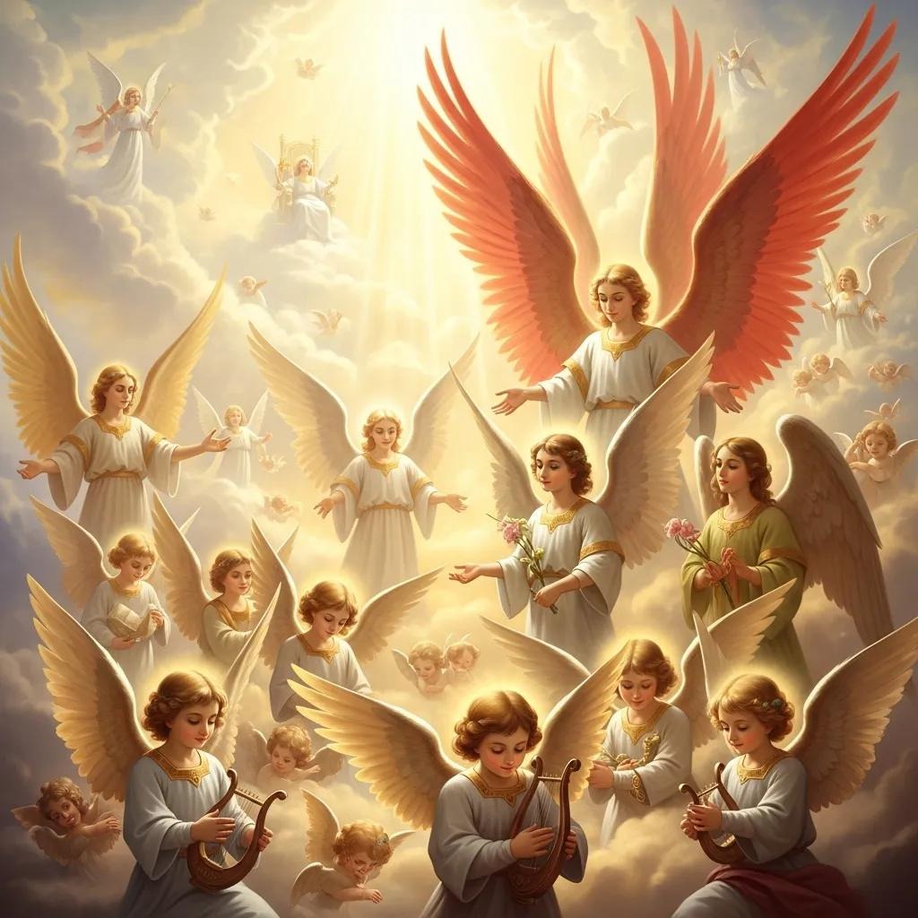 A group of angels with golden halos and white robes, some with red wings, play harps and hold flowers amid clouds and radiant light, with more angels and bright light in the heavenly sky above.