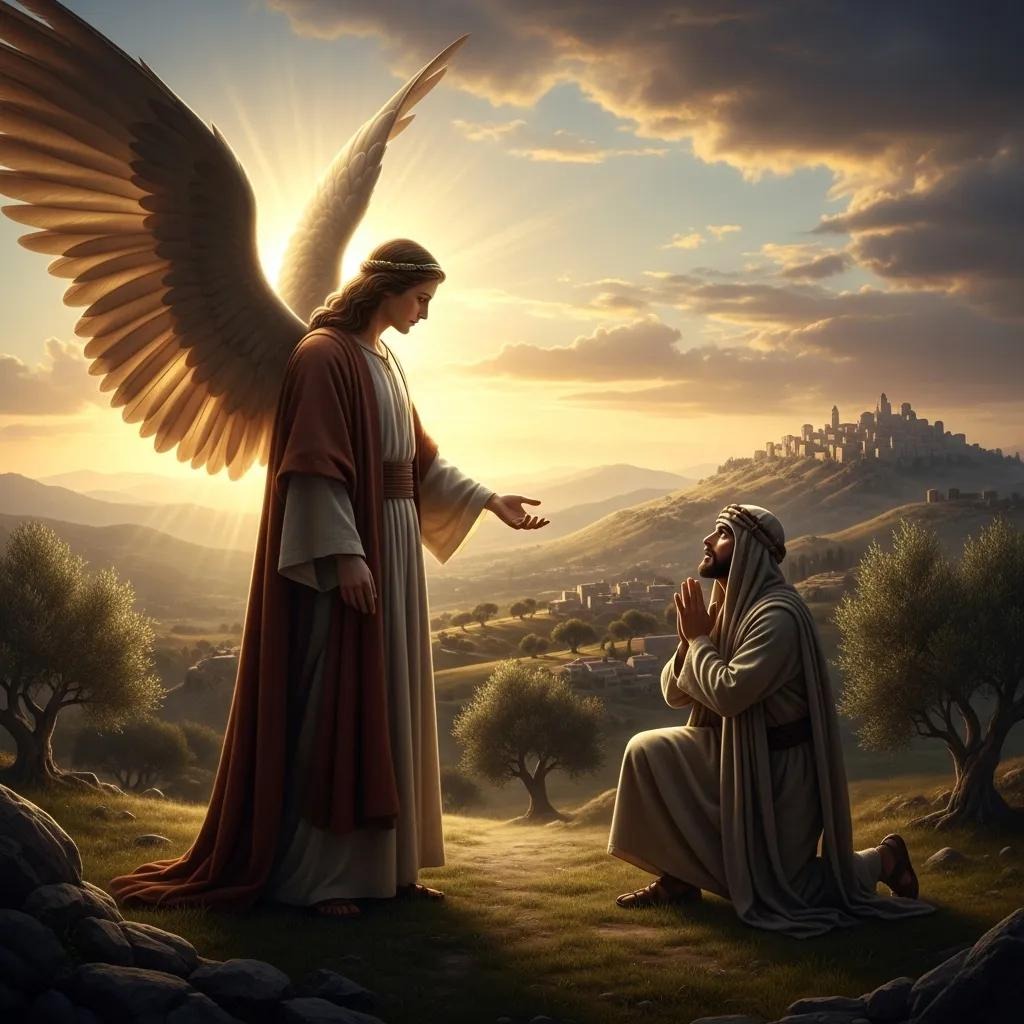 An angel with large wings and glowing light stands, reaching out to a kneeling man in robes praying on a grassy hillside. A historic city and rolling hills appear in the background under a dramatic sky.