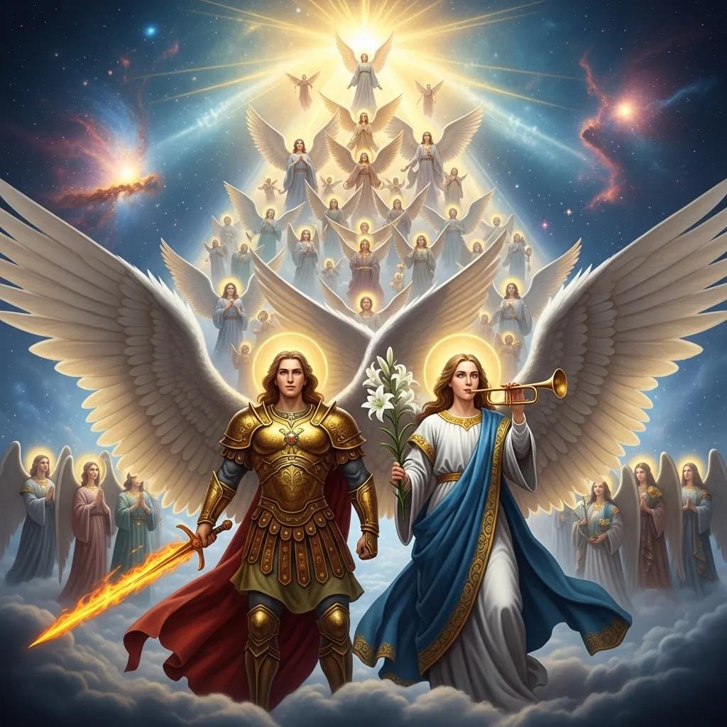 A group of angels with glowing halos and large wings stand in a celestial scene. Two angels are in front: one in armor with a fiery sword, the other in blue and white holding a trumpet and white lilies, with many angels behind.
