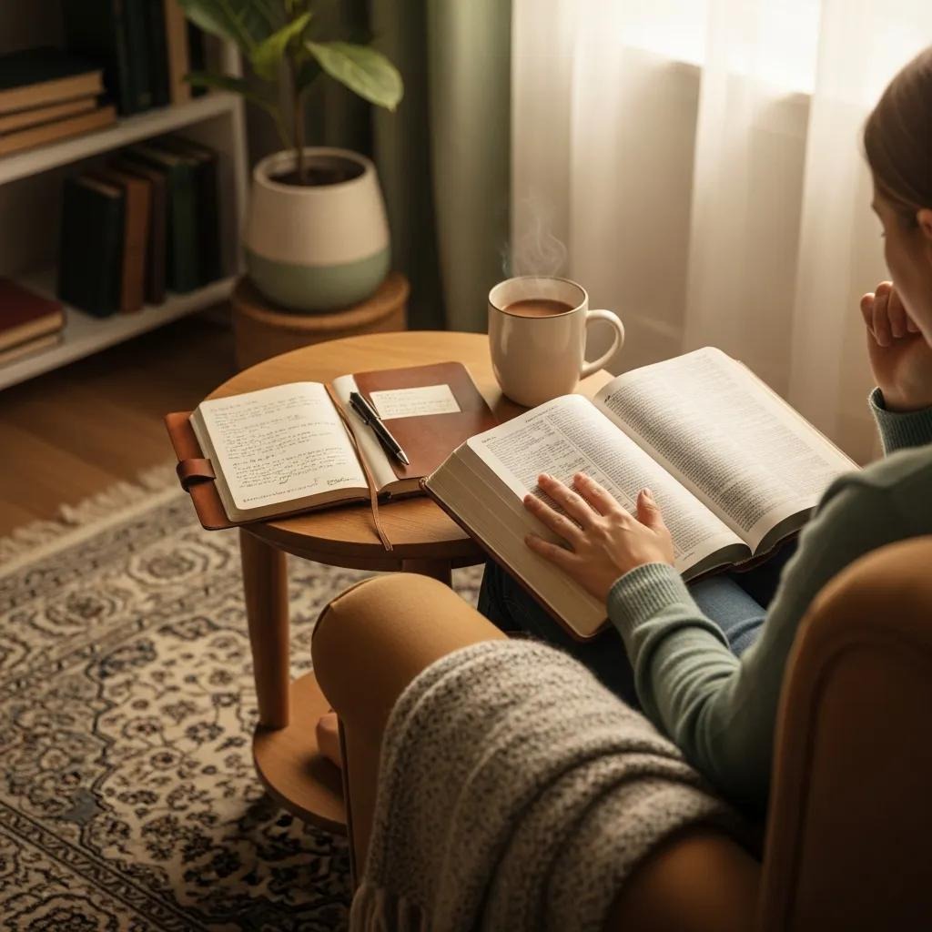 A person sits in an armchair reading a book, with an open notebook, pen, and a steaming mug on a round wooden side table nearby. The cozy room has a patterned rug, bookshelves, and a potted plant by the window.