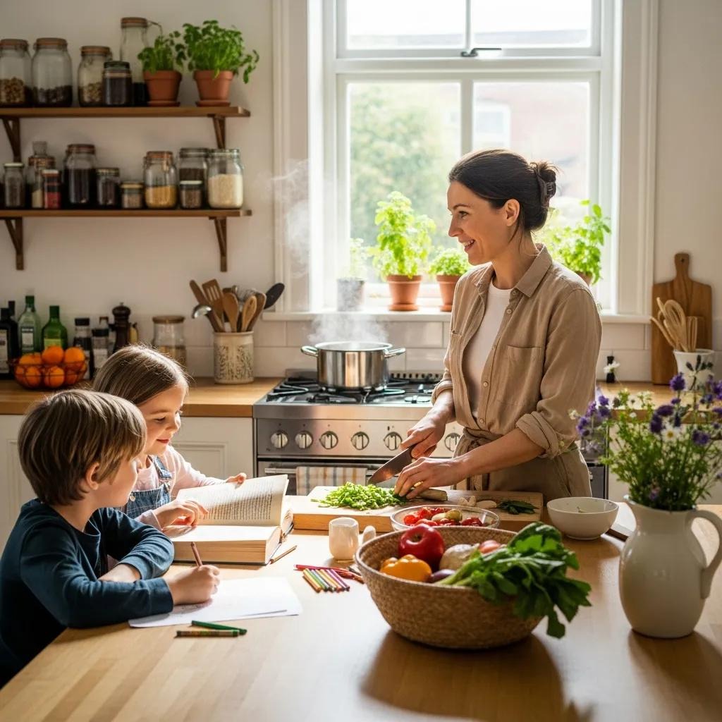 A woman smiles while chopping vegetables in a bright kitchen as two children sit at the counter, one writing and the other reading a book. Fresh produce and kitchen utensils are visible on the counter and shelves.